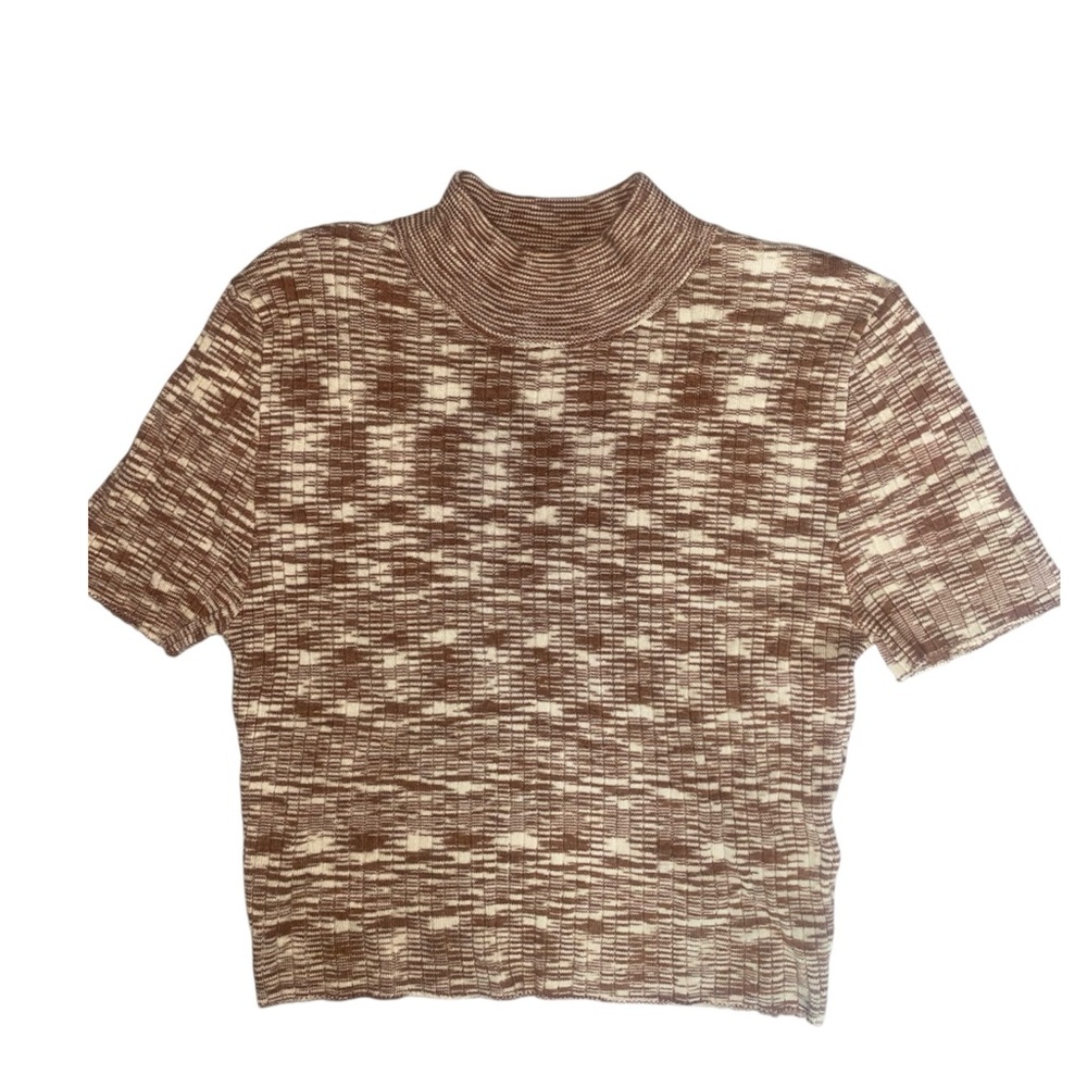 cream and brown knit patterned crop top with mock neck